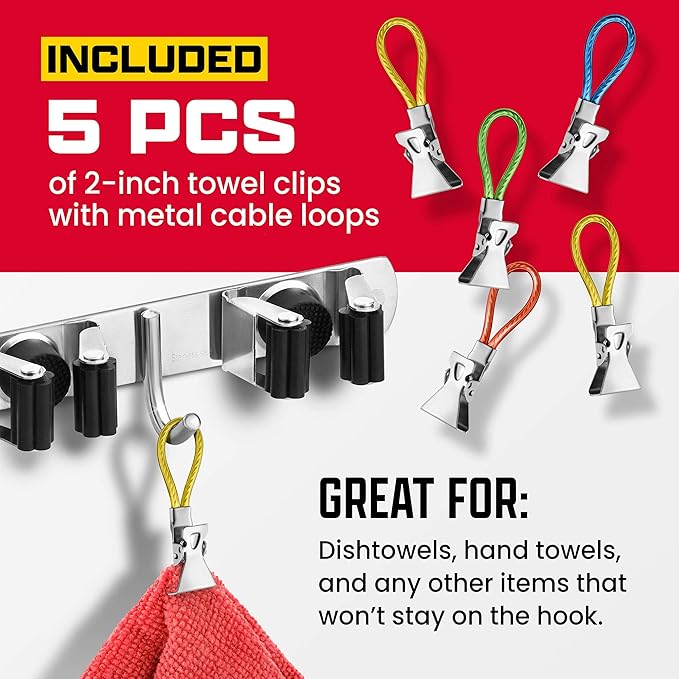 2 Pack Mop and Broom Holder Wall Mount – Self-Adhesive Stainless Steel broom hanger organizer – 4 Clamps, 3 Hooks – Holds Up to 40 Lbs-NeatNest