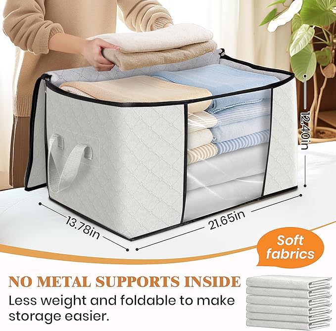 Fab totes 8 Pack Clothes Storage, Foldable Thick Fabric Blanket Storage Bags, Containers for Organizing Bedroom, Closet, Clothing, Comforter,Organization with Handle,Ivory White-NeatNest