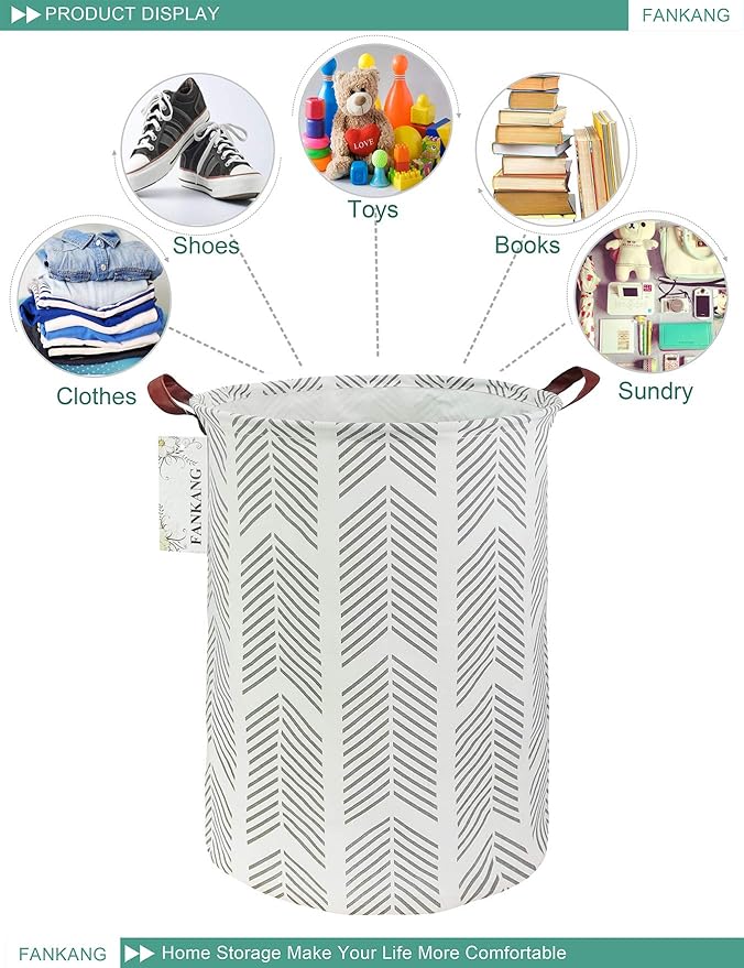 FANKANG Storage Basket, Nursery Hamper Canvas Laundry Basket Foldable with Waterproof PE Coating Large Storage Baskets for Kids Boys and Girls, Office, Bedroom, Clothes,Toys(Grey arrowhead)