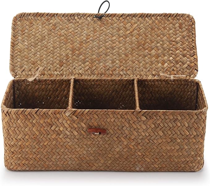 DOKOT Seagrass Woven Storage Basket with Lid, Rectangular Narrow Tampon Toilet Tank Organizer