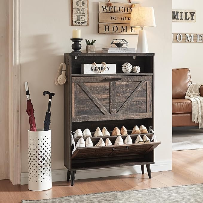 Shoe Storage Cabinet,Farmhouse Shoe Organizer with 2 Flip Drawers & Barn Door Design,Freestanding Hidden Slim Narrow Shoe Rack Cabinet with Open Storage for Entryway, Foyer,Hallway, Dark oak-NeatNest