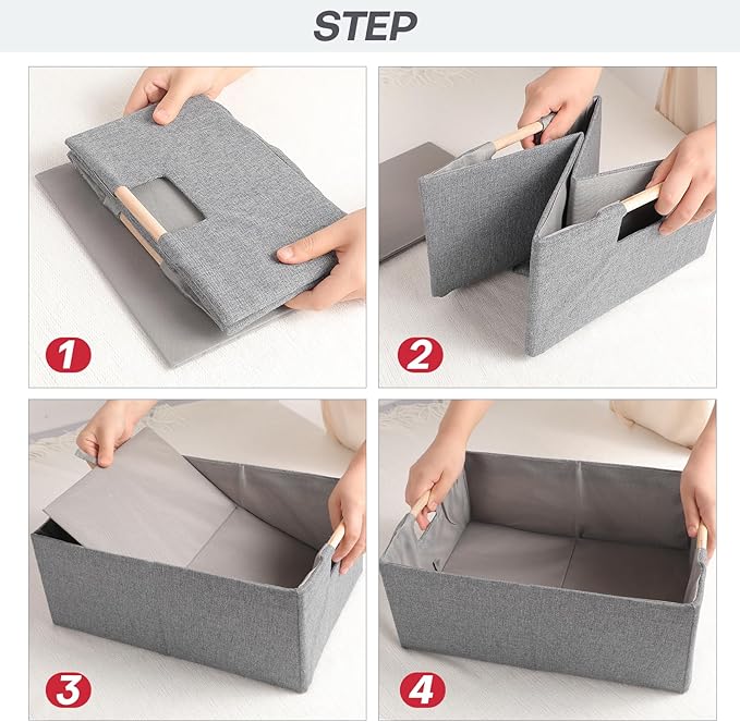 ANMINY 2PCS Storage Baskets for Organizing Collapsible Fabric Storage Bins Boxes with Wood Handles Closet Shelves Cube Organizer Bins Clothes Laundry Storage Container - Large, Gray-NeatNest