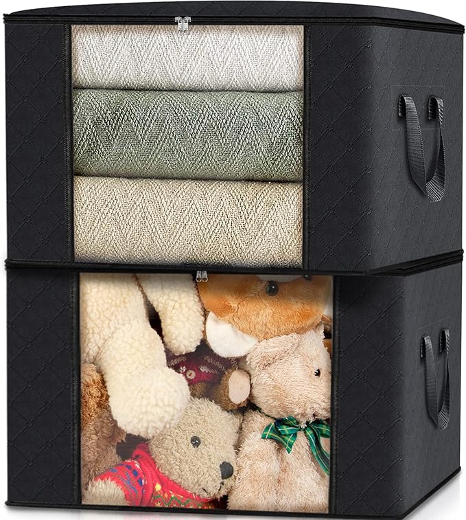 Fab totes 4 Pack Clothes Storage, Foldable Thick Fabric Blanket Storage Bags, Containers for Organizing Bedroom, Closet, Clothing, Comforter,Closet Organization with Handle,Black-NeatNest