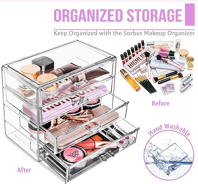 Sorbus Makeup Organizer - 4 Drawer Acrylic Make Up Organizers and Storage for Cosmetics, Jewelry, Beauty Supplies, Clear Makeup Organizer for Vanity, Girl's Room, College Dorm, Counter, Bathroom-Sinks