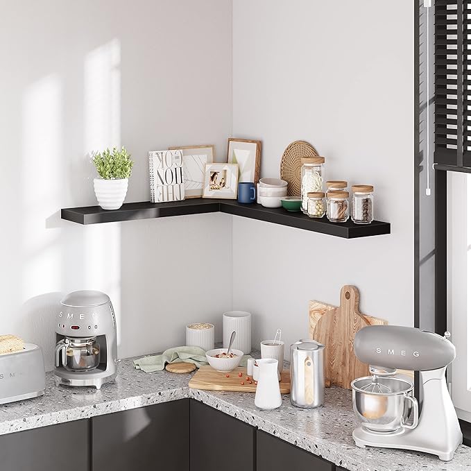BAMEOS Floating Shelves, 35 Wx7 D Black Wall Mounted Wooden Shelves with Invisible Brackets Set of 2, Hanging Wall Shelves Decoration for Bedroom and Kitchen-NeatNest