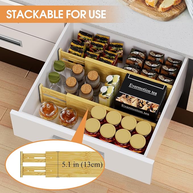 Bamboo Drawer Dividers,17-22" Adjustable Kitchen Drawer Organizer for Clothes,8 Pack Expandable Drawer Organization Separators for Bedroom,Bathroom,Dresser and Office,Natural-NeatNest