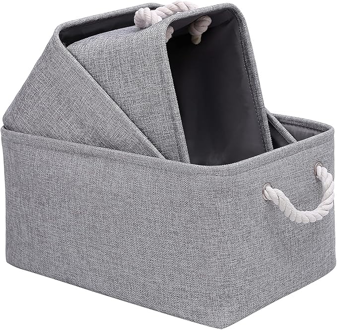 Fabric Storage Basket, Foldable Linen Storage Box for Nursery and Home, Collapsible Canvas Shelf Basket for Wardrobe or Bedroom, Grey