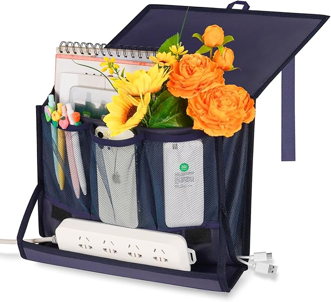 Bedside Storage Organizer with Power Strip Holder and Adjustable Straps Bed Hanging Bag for Home Bunk Bed Dorm Sofa (Navy Blue)-NeatNest