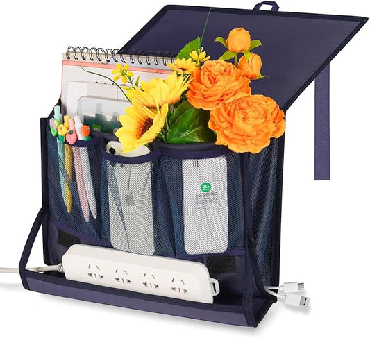 Bedside Storage Organizer with Power Strip Holder and Adjustable Straps Bed Hanging Bag for Home Bunk Bed Dorm Sofa (Navy Blue)-NeatNest