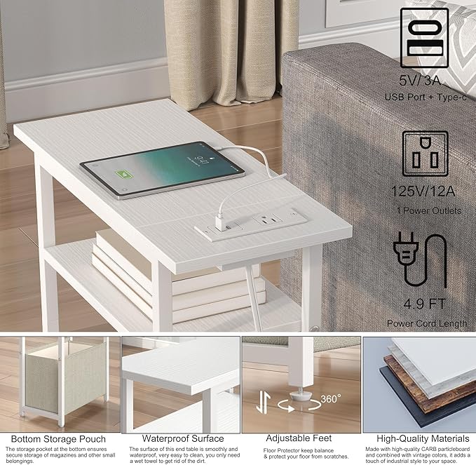 Narrow Side Table with Charging Station Set of 2, Small End Table for Small Spaces, Skinny Nightstands Set 2 with Storage Basket, 3 Tier Sofa Bedside Tables for Living Room,Bedroom, White