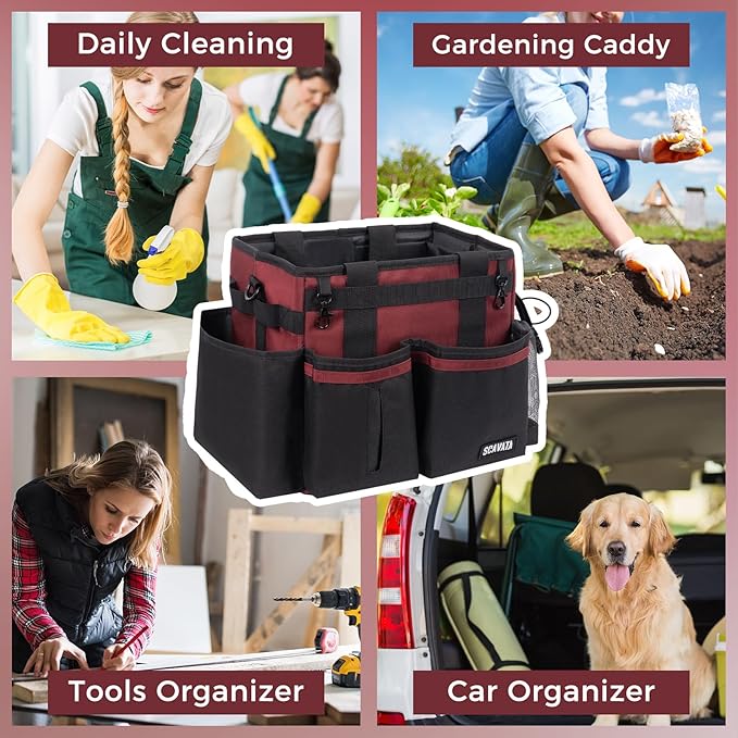 Compact Wearable Cleaning Caddy, Small Cleaning Caddy Supplies Organizer with Handle & Shoulder Straps for Housekeepers, Under Sink & Car Cleaning Tool Organizers Bag (AncoraRed)-NeatNest