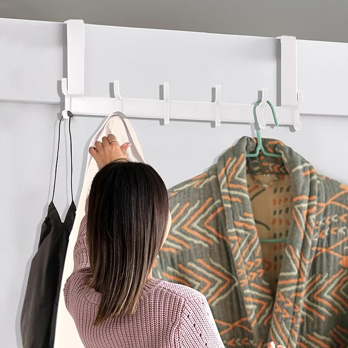 Door Coat Hanger, 6 Double Hooks - Carbon Steel & Aluminum Door Mount Hanger with Adjustable Easy Install for Clothes, Hats, Keys, Towel Storage-NeatNest