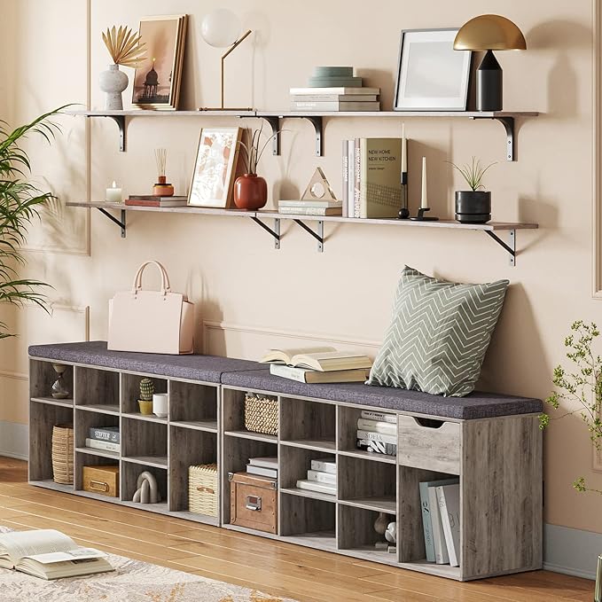 DINZI LVJ Shoe Storage Bench with Cushion, Cubby Rack with 12 Cubbies, Adjustable Shelves, Multifunctional Organizer Bench for Entryway, Mudroom, Hallway, Closet and Garage, Greige-NeatNest