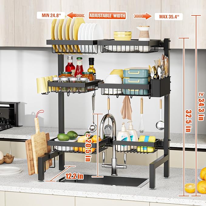 3 Tiers 6 Baskets Extendable (24.8 "-35.4") Large Dish Drying Rack,Open Lounge Sink Kitchen, Large Cutlery Drainer Iron Storage Counter Organizer