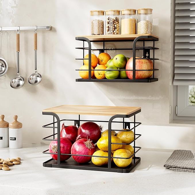 2 Pack Onion Storage,Stackable Pantry Organizers and Storage with PP Liner and Bamboo Top,Kitchen Organization Counter Basket for Fruits,Produce,Vegetable, Black