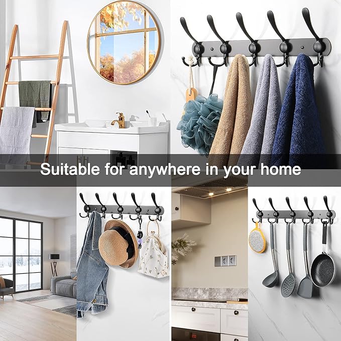 NearMoon Coat Rack Wall Mounted-2 Pack, Heavy Duty Bath Towel Hooks Stainless Steel Robe Hooks Holder, Metal Coat Hook for Towel Coat Hat Key Bathroom Bedroom Hotel Entryway (5 Hooks, Matte Black)