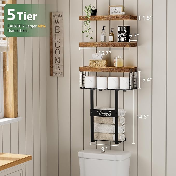 Bathroom Shelves Over Toilet - Floating Shelf for Wall Above Toilet Towels Holder Small Farmhouse Decor Shelves (15.7 inch, Set of 3, Rustic Brown)-NeatNest