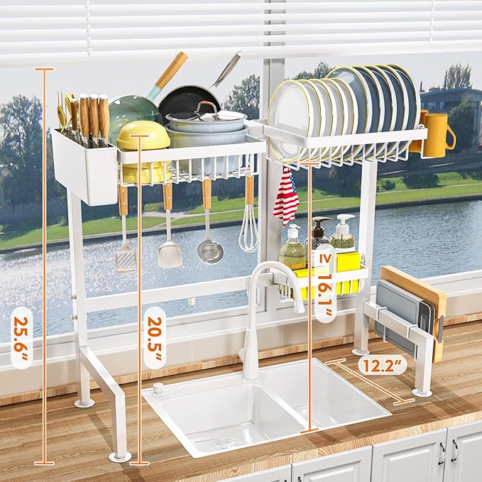 YKLSLH Over Sink Dish Rack - Extensible Large Drying Rack, Suitable for Most Sinks (24.8"-35.4"), Adjustable Metal Rack, Space Saving, White