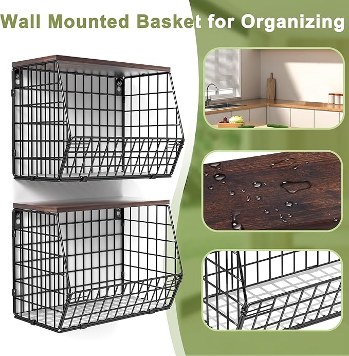 2 Tier Fruit Bowl Fruit Basket for Kitchen Counter Stackable Wall Mounted Hanging Basket Wire Baskets with Wood Lid with 4 Banana Hanger Hooks, Onion Basket, Fruit and Vegetable Storage