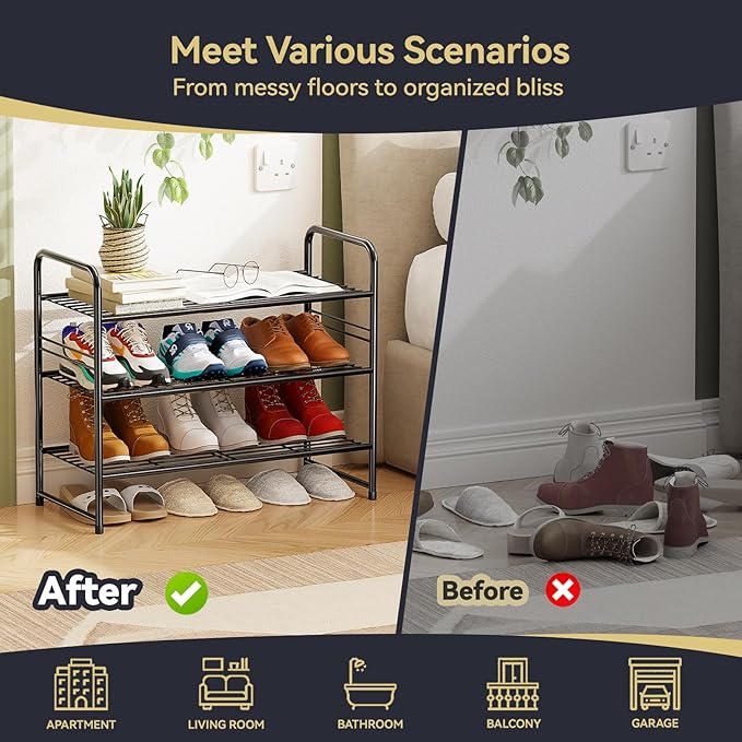 3-Tier 27” Wide Shoe Rack for Closet, Metal Stackable Shoe Shelf Organizer, Black-NeatNest