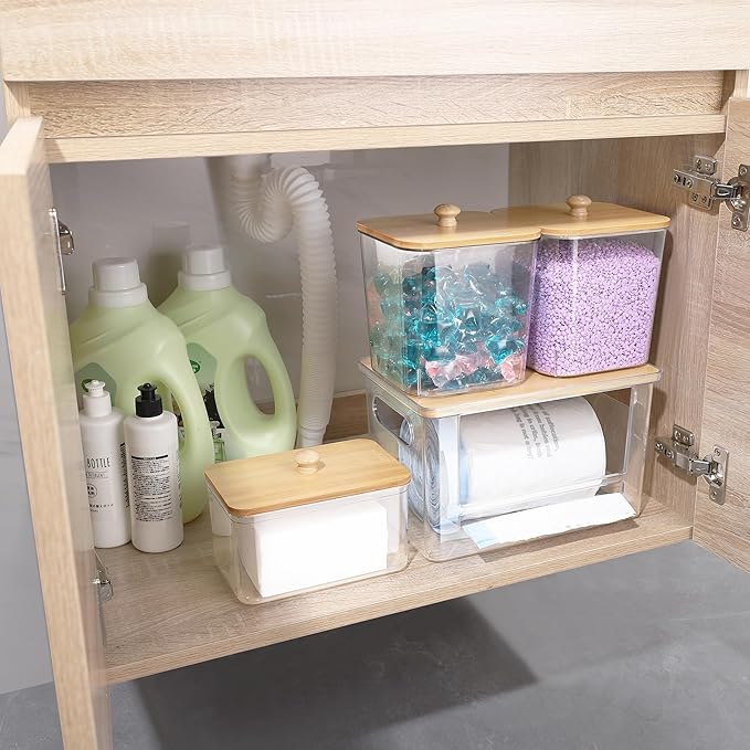 Extra Large Trash Bag Holder 4 Pack Garbage Bag Dispenser Roll Holder with Lid Laundry Room Organizer Under Sink Stackable Storage, Wall Mounted Laundry Dryer Sheet Holder Clear Pod Container
