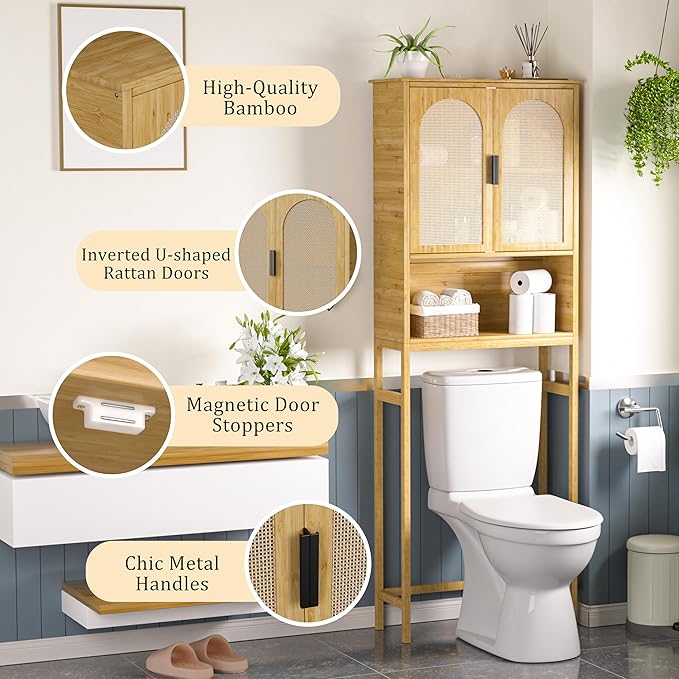 BlueWish Bathroom Organizers and Storage, Bamboo Over The Toilet Storage Cabinet with Inverted U-Shaped Door & Anti-Tip Device, Space Saver, Natural-NeatNest