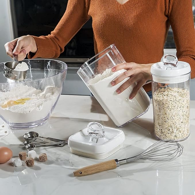 Felli Flip Tite Food Storage Container with Scoop & Lid 5" LARGE Airtight Ring Top, Acrylic Canister Jar for Sugar Flour Baking Powder Protein Rice Pasta Kitchen Organizer Gift Set (10pk, Variety)-NeatNest