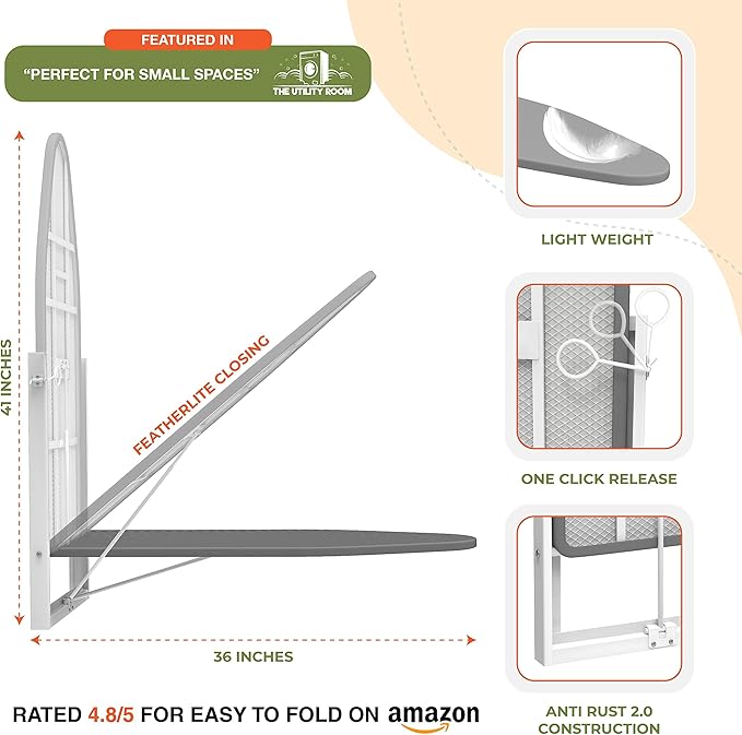 Xabitat Wall Mounted Ironing Board, 36.2" X 12.2" Compact Mount Fold Down Iron Board for Small Spaces, Space Saving with Cotton Fabric Cover, Black and Grey