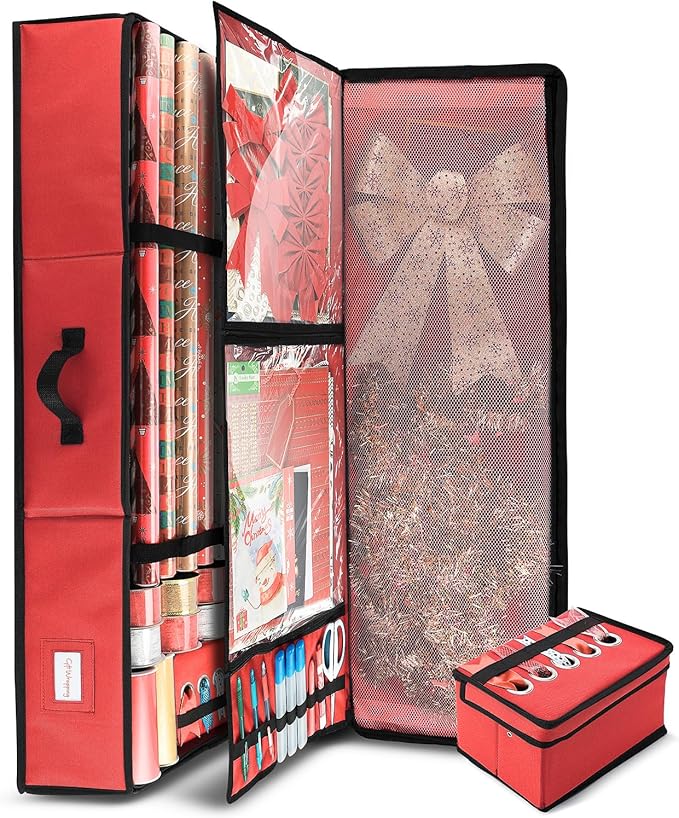 Hearth & Harbor Wrapping Paper Storage Container - Christmas Storage Bag with Ribbon Dispenser and Interior Pockets - Gift Wrap Organizer Fits Up to 26 Rolls of 40" Length, Red-NeatNest
