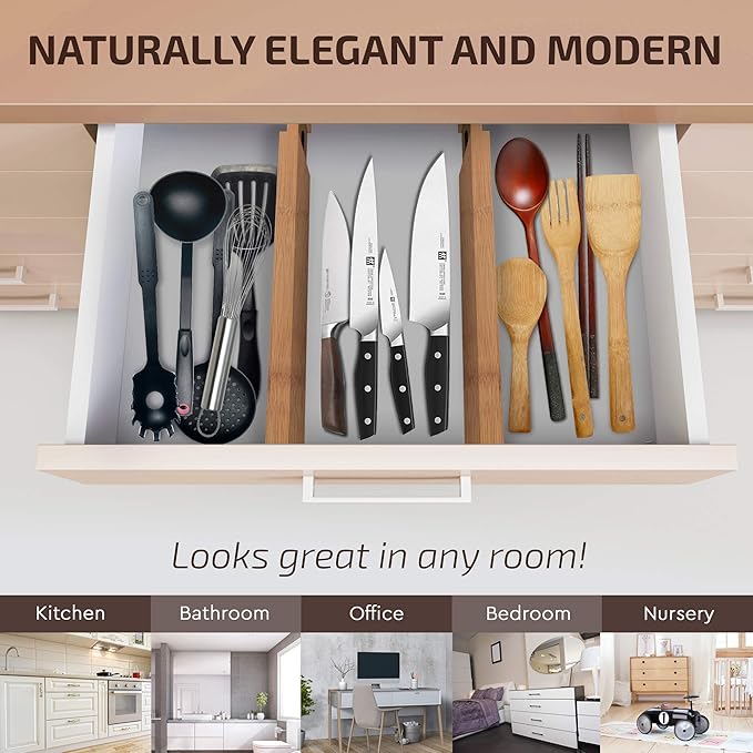 4 Pack Drawer Dividers Bamboo 2.6" High, 16-22" Adjustable Drawer Organizers for Clothes, Expandable Dresser Separators in Bedroom/Bathroom/Kitchen/Office Organization and Storage (Natural)-NeatNest