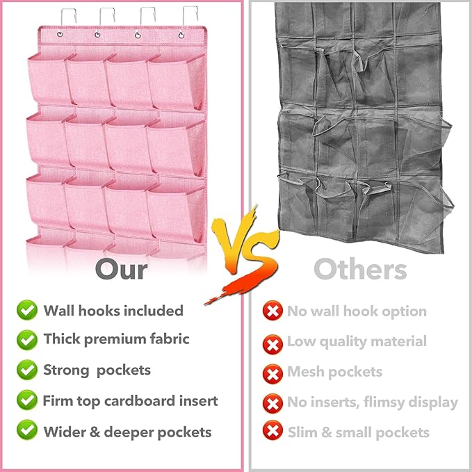 Pink Shoe Organizer Over the Door for Girls Women Kids Room,Hanging Shoe Rack Organizer for Closet Door,Zapateras Storage Holder with 24 Large Pockets & 4 Sturdy Hooks for Shoes,Slippers-NeatNest