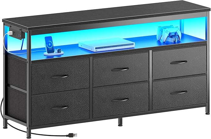 Huuger LED TV Stand for Bedroom, 47 Inch Dresser TV Stand for 43, 50, 55 Inch TV, Black TV Stand with Storage, Entertainment Center with Power Outlets, 6 Drawer Fabric Dresser for Living Room-NeatNest