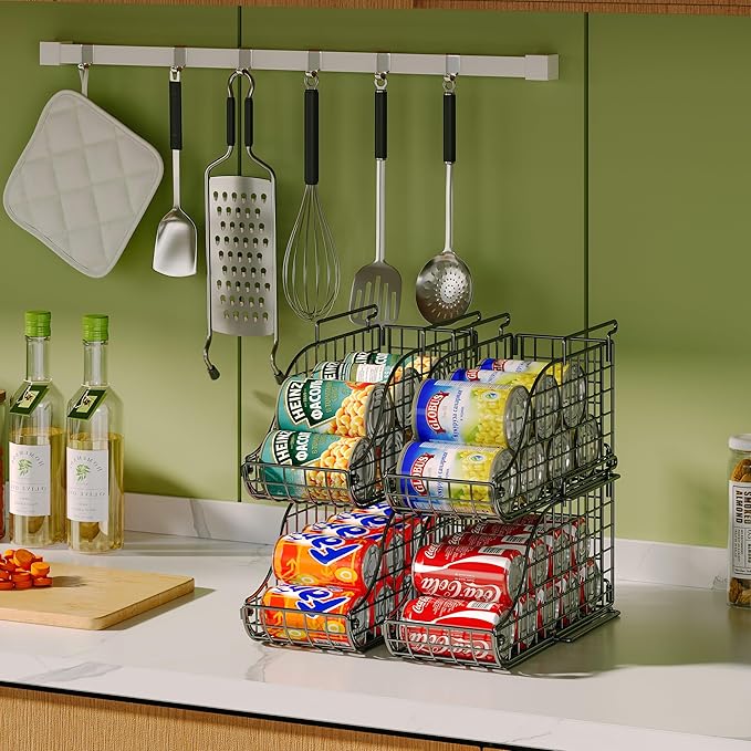 4-Pack Stackable Canned Food Organizer with Handles for Kitchen, Soda Can Organizer for Pantry Shelves, Wire Cabinet Shelf for Can Storage, Foldable Soda Dispenser, Patent Pending, Black
