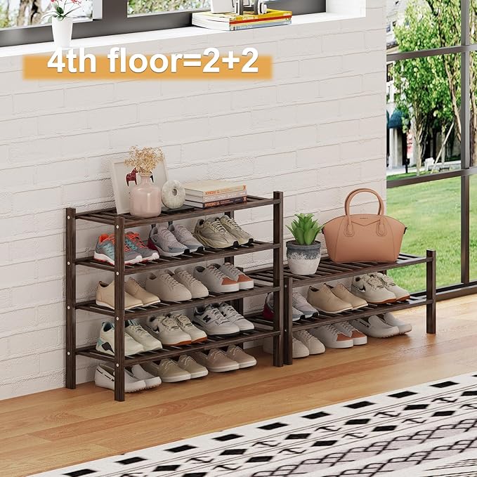 Bamboo Shoe Rack Organizer for Closet and Entryway - Space-Saving Narrow Shoe Stand - Versatile Shoe Holder for Door or Closet Shelf,Garage Bedroom can Freely Stack DIY Small Shoe Racks 2Tier Brown-NeatNest