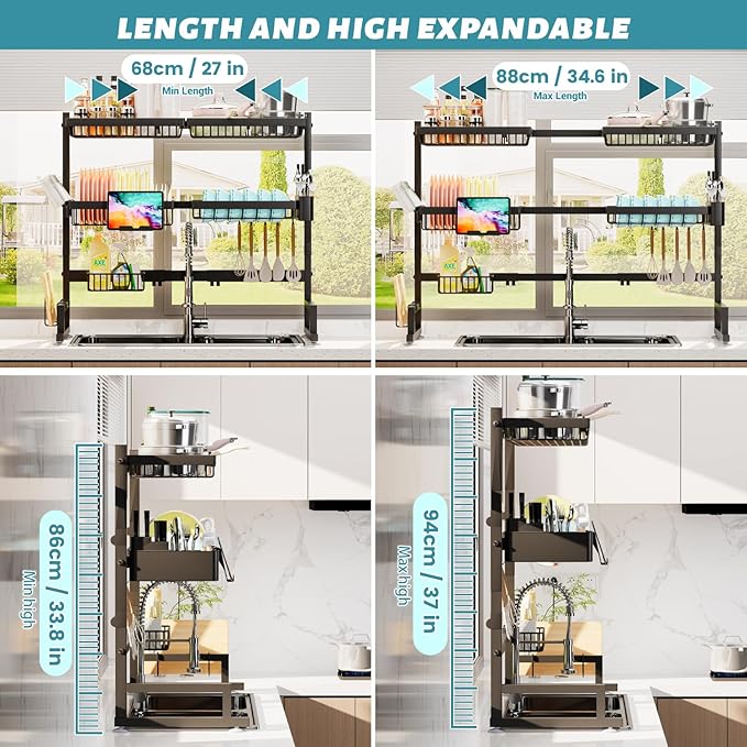 ADBIU Over The Sink Dish Drying Rack (Expandable Height and Length) Snap-On Design 2 Tier Large Dish Rack (27-37L x 12W x 32.5-37H (inches))
