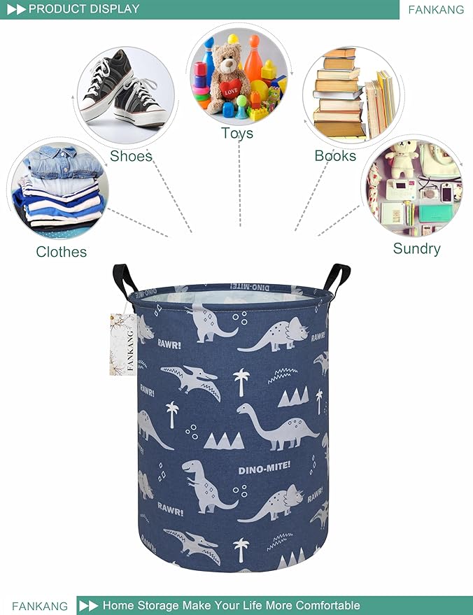 FANKANG Storage Basket, Nursery Hamper Canvas Laundry Basket Foldable with Waterproof PE Coating Large Storage Baskets for Kids Boys and Girls, Office, Bedroom, Clothes,Toys(Blue dinosaur)