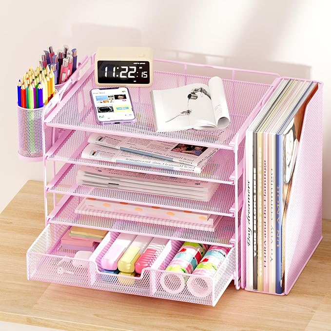 Desk Organizers and Accessories, 5-Tier Paper File Organizer with Drawer & Pen Holder, Office Desk Accessories Workspace Desktop Organizer for Office Supplies((Pink)-NeatNest