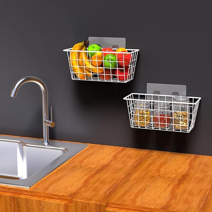 MaraFansie Wall Wire Baskets Bin No Drilling Adhesive Hanging Baskets Wall Mounted for Cabinet & Pantry Organization and Kitchen, Bathroom, Bedroom Storage, 2 Pack, White-NeatNest