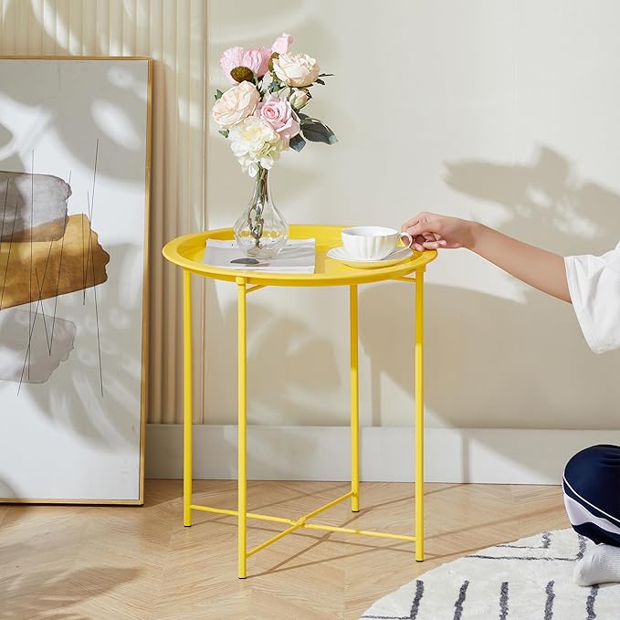VECELO Side/End Table, Folding Round Metal Anti-Rust and Waterproof Outdoor or Indoor Tray for Living Room Bedroom Balcony and Office, 1 PCS,Yellow
