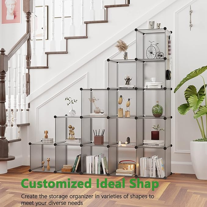 C&AHOME 16-Cube Storage Organizer, Plastic Shelves Units, DIY Closet Organizer, Modular Shelves Ideal for Home, Bedroom, 48.4" L 12.4" W 48.4" H Grey UPCS16G