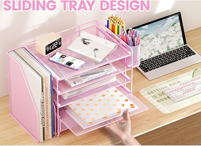 Desk Organizers and Accessories, 5-Tier Paper File Organizer with Drawer & Pen Holder, Office Desk Accessories Workspace Desktop Organizer for Office Supplies((Pink)-NeatNest