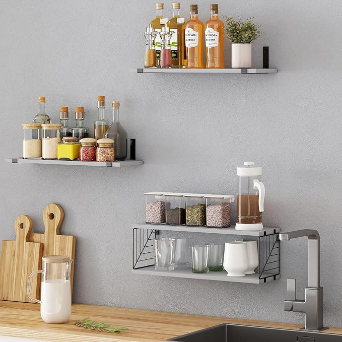 Fixwal 3+1 Tier Bathroom Floating Shelves Over Toilet, 15.8in Farmhouse Rustic Wood Shelves, Wall Decor for Bathroom, Living Room,Bedroom and Kitchen (Gray)-NeatNest