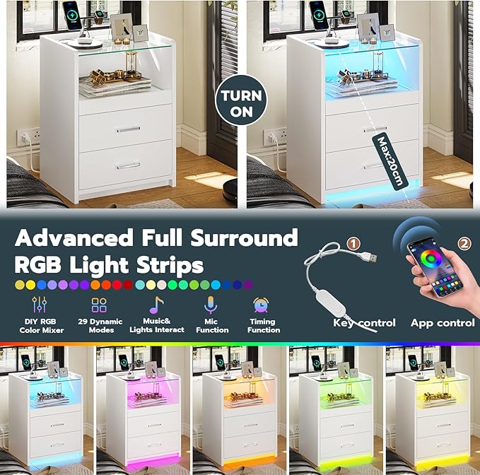 VIAGDO White Nightstand with Charging Station and LED Lights, 2 Drawers LED Night Stand with Tempered Glass Tabletop, Modern End Side Tables with Pull-Out Tray, Open Storage Bedside Tables