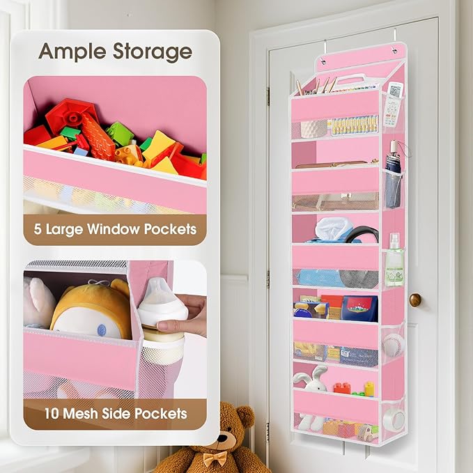 2 Pack Over The Door Organizer Hanging Storage Organizers with Clear Window 40lb Large Capacity Room Organizer for Pantry Laundry Bathroom Nursery Closet(Pink)-NeatNest