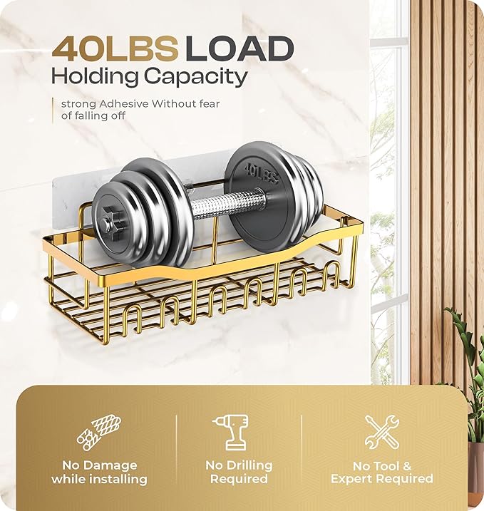 Luxury Style 5 Pack Stainless Steel Adhesive Shower Caddy Set - Rustproof Bathroom Organizer with Large Capacity Storage| No Drilling Shelves Shower Caddy Organizer | Bathroom Decor (Luxury Gold)