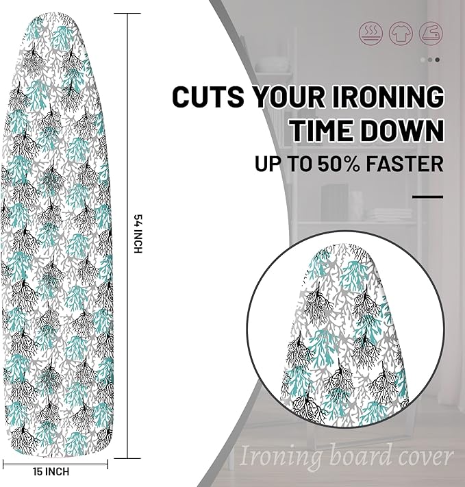 Extra Thick Ironing Board Cover and Pad, Coastal Summer Beach Coral 15x54 Ironing Board Cover, Resist Scorching and Staining,Elastic Edges,Seaside Nautical Blue Grey