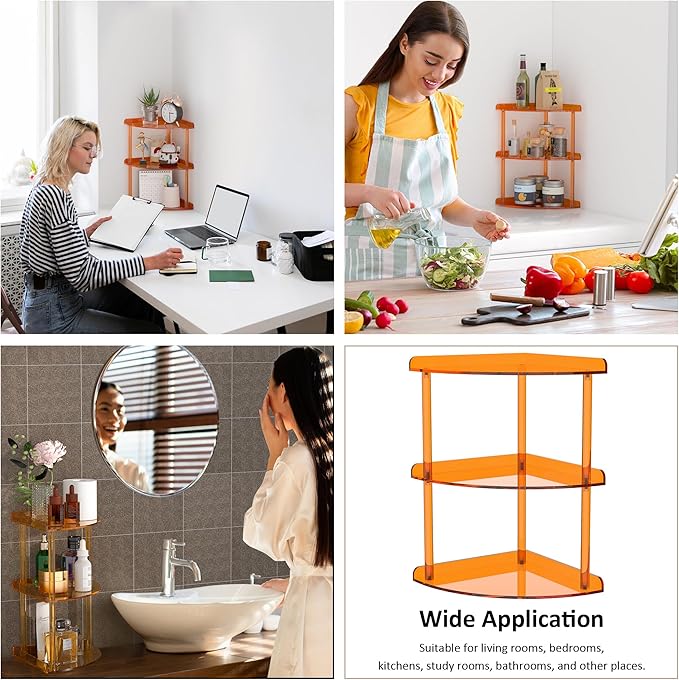 3 Tier Acrylic Corner Shelf Organizer Storage 9.5x9.5x15.7 Inch, Orange Countertop Corner Shelf for Bathroom, Kitchen, Bedroom, Office, Study Room-NeatNest