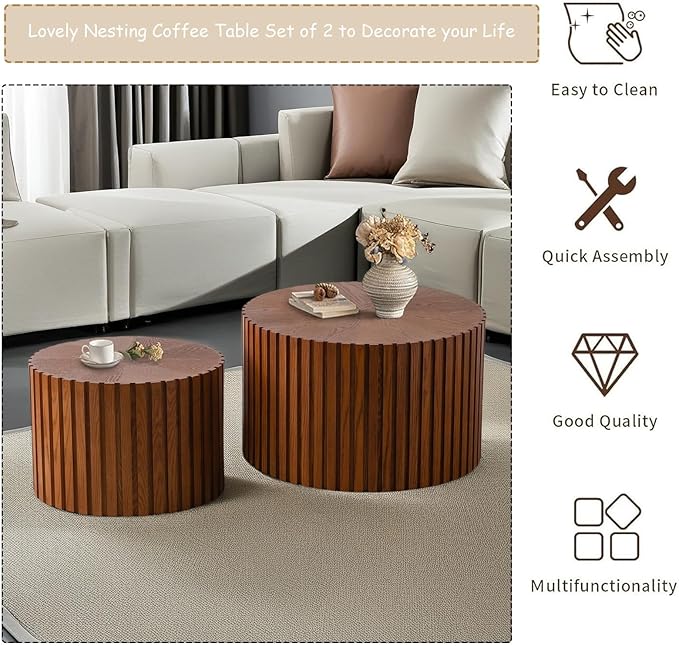 Modern Round Nesting Coffee Table Set of 2, Vertical Stripe Design Drum Coffee Table Cocktail Table, Round Side Table for Living Room, Bedroom, Office, Balcony (J15.0+18.9")