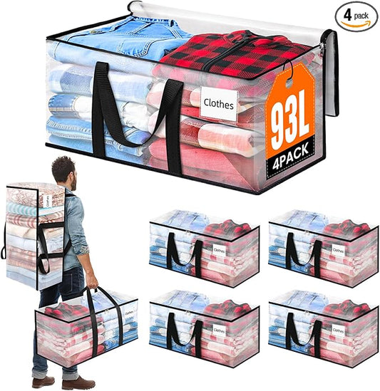 BlissTotes 4-Pack Large Moving Bags with Backpack Straps & Strong Zippers, Heavy-Duty Storage Bags Moving Boxes for Space Saving, Dorms, Transport, 93L-25 Gallons, Clear-NeatNest