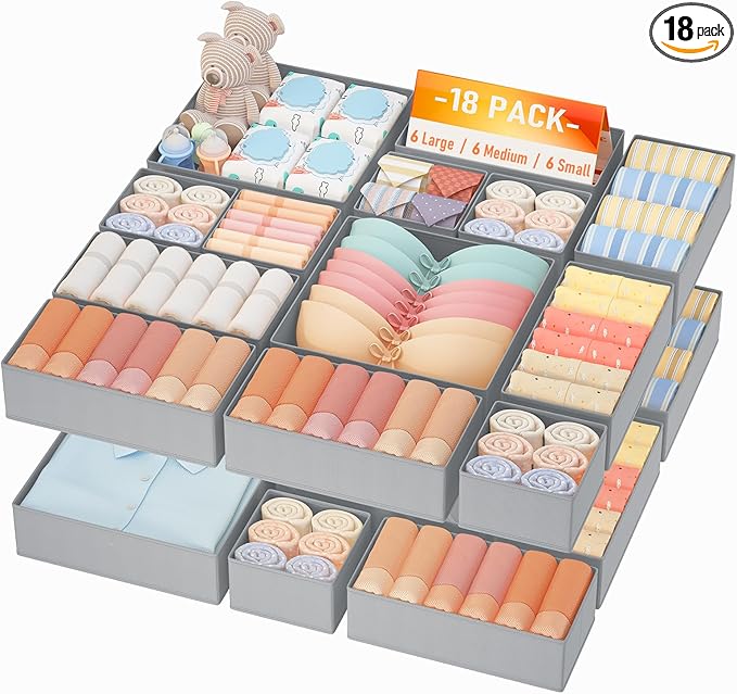 DIMJ Drawer Organizer Clothes Storage - 18 Pack Baby Dresser Organizer for Nursery, Foldable Closet Drawer Organizer Bins for Bedroom Organization, Fabric Storage Dividers for Socks, Underwears, Bras-NeatNest